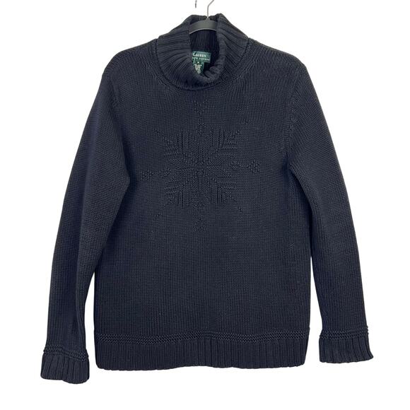 Lauren Ralph Lauren M Chunky Cotton Black Snowflake Turtleneck Knit Sweater - Picture 2 of 10